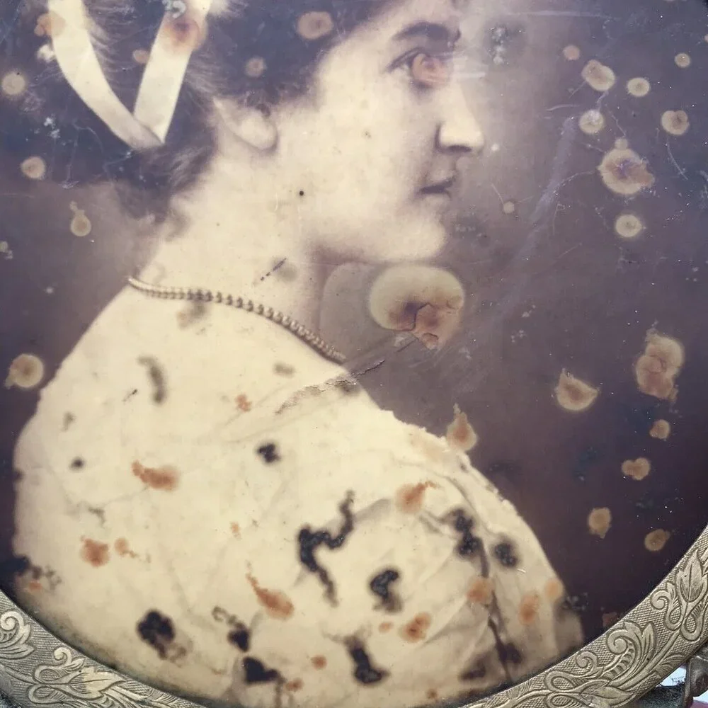 Vintage Antique Photos Set of 2 Celluloid Button Woman Portrait Profile 6